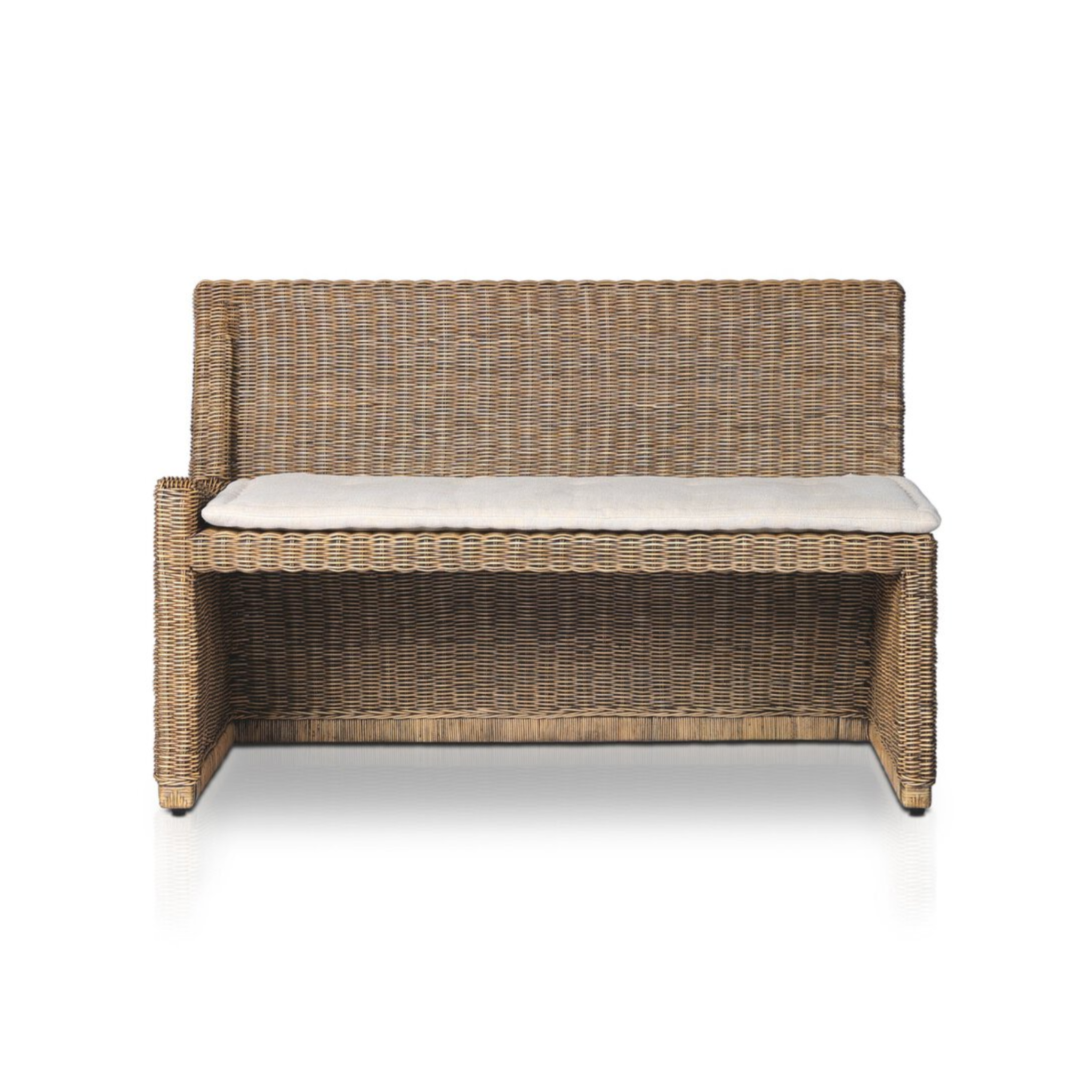 Left arm facing small dining bench with natural woven brown rattan frame and flax/linen cushion in Broadway Dune, 49 inches wide.