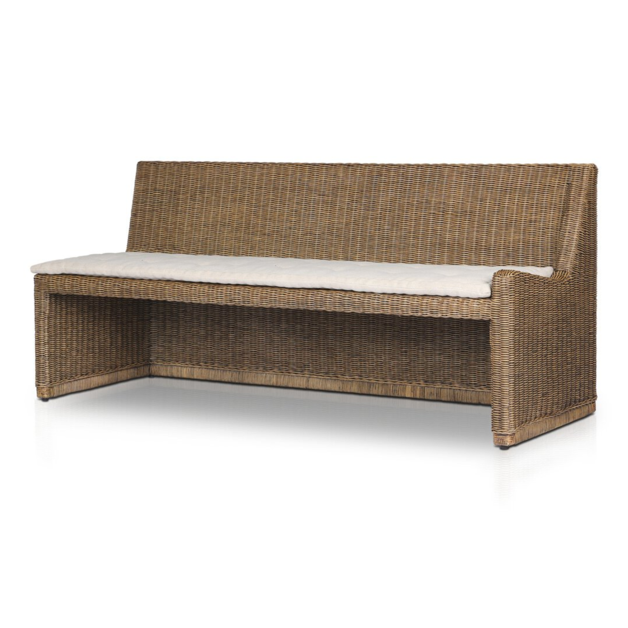 Right arm facing large dining bench with natural woven brown rattan frame and flax/linen cushion in Broadway Dune, 72 inches wide.