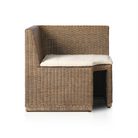 Rattan square corner bench with natural woven brown rattan frame and flax/linen cushion in Broadway Dune, ideal for dining or sunroom seating.