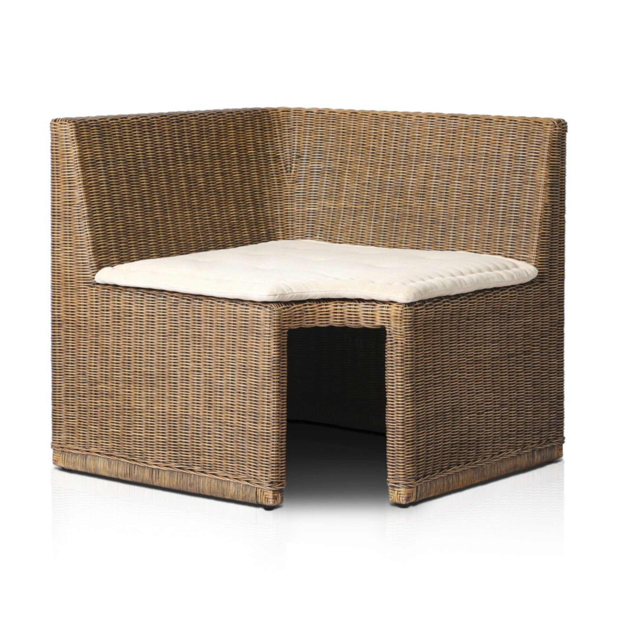 Rattan square corner bench with natural woven brown rattan frame and flax/linen cushion in Broadway Dune, ideal for dining or sunroom seating.