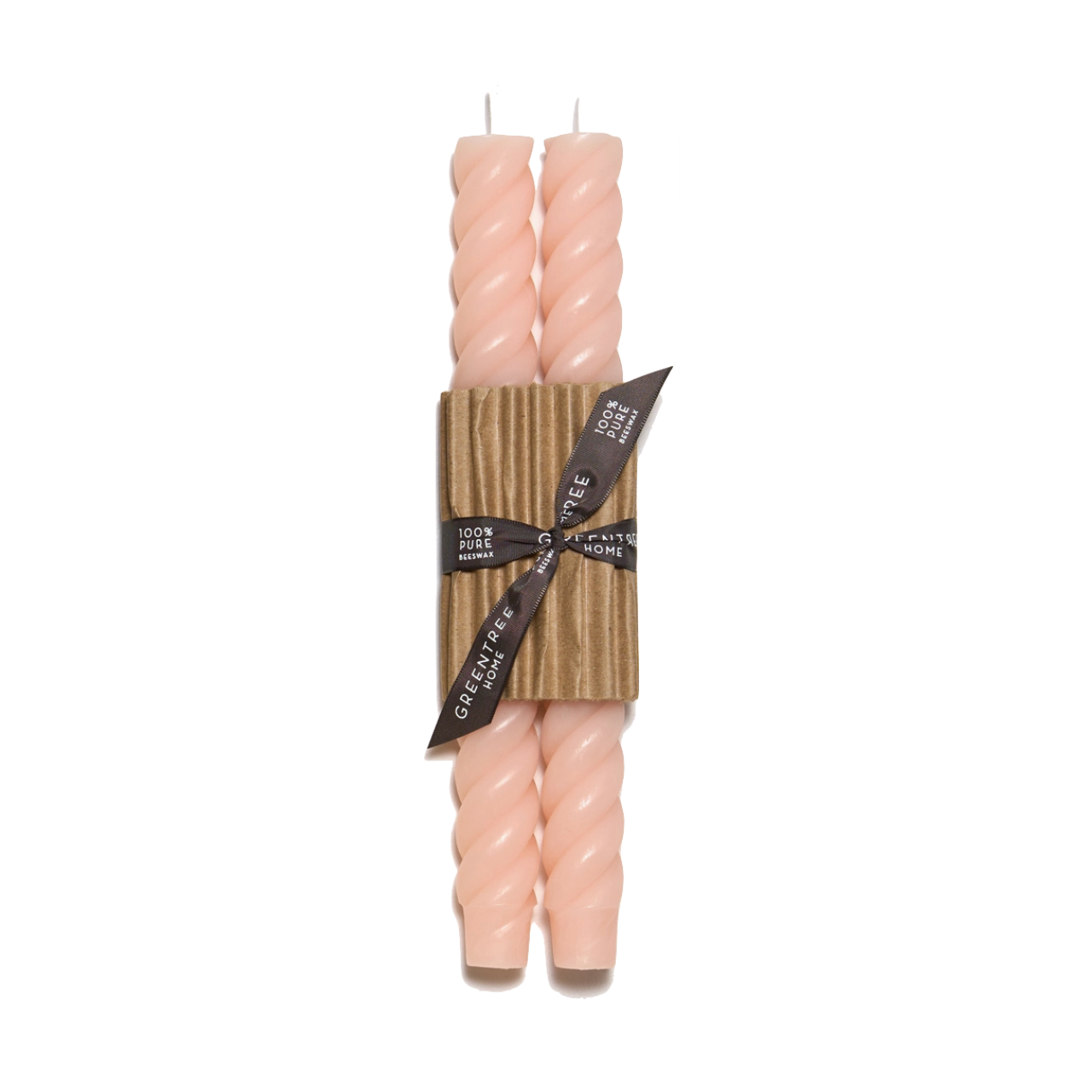 Set of two blush 10" twisted rope taper candles, hand-poured from pure beeswax in New York, burn clean and bright.