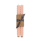 Set of two blush 10" twisted rope taper candles, hand-poured from pure beeswax in New York, burn clean and bright.