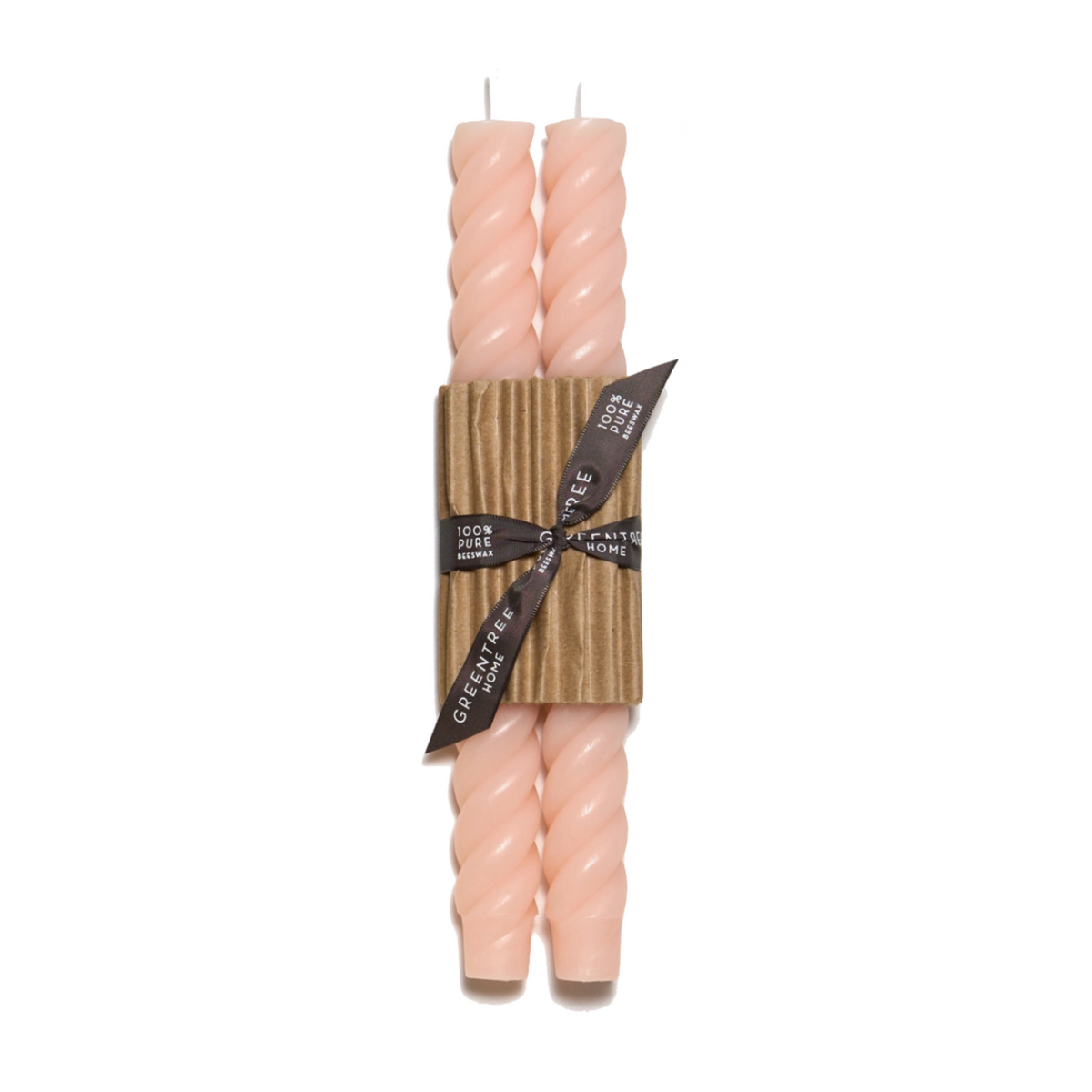 Set of two blush 10" twisted rope taper candles, hand-poured from pure beeswax in New York, burn clean and bright.