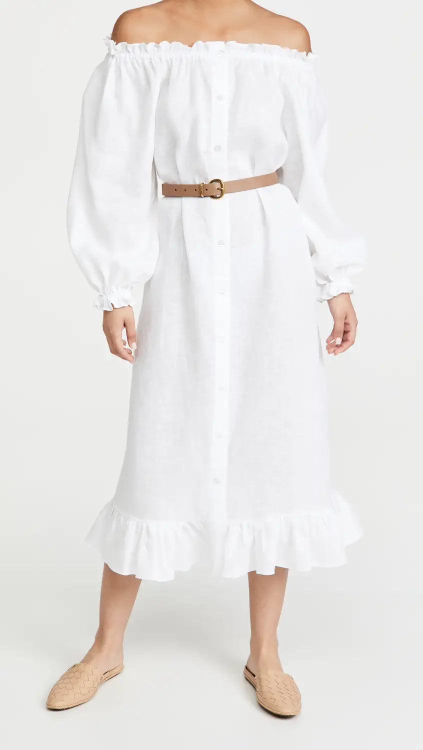Linen Sleeper Button Down Loungewear Dress in White - Shoppe Details and Design.