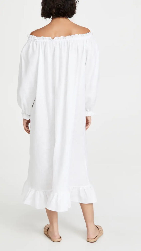 Linen Sleeper Button Down Loungewear Dress in White
