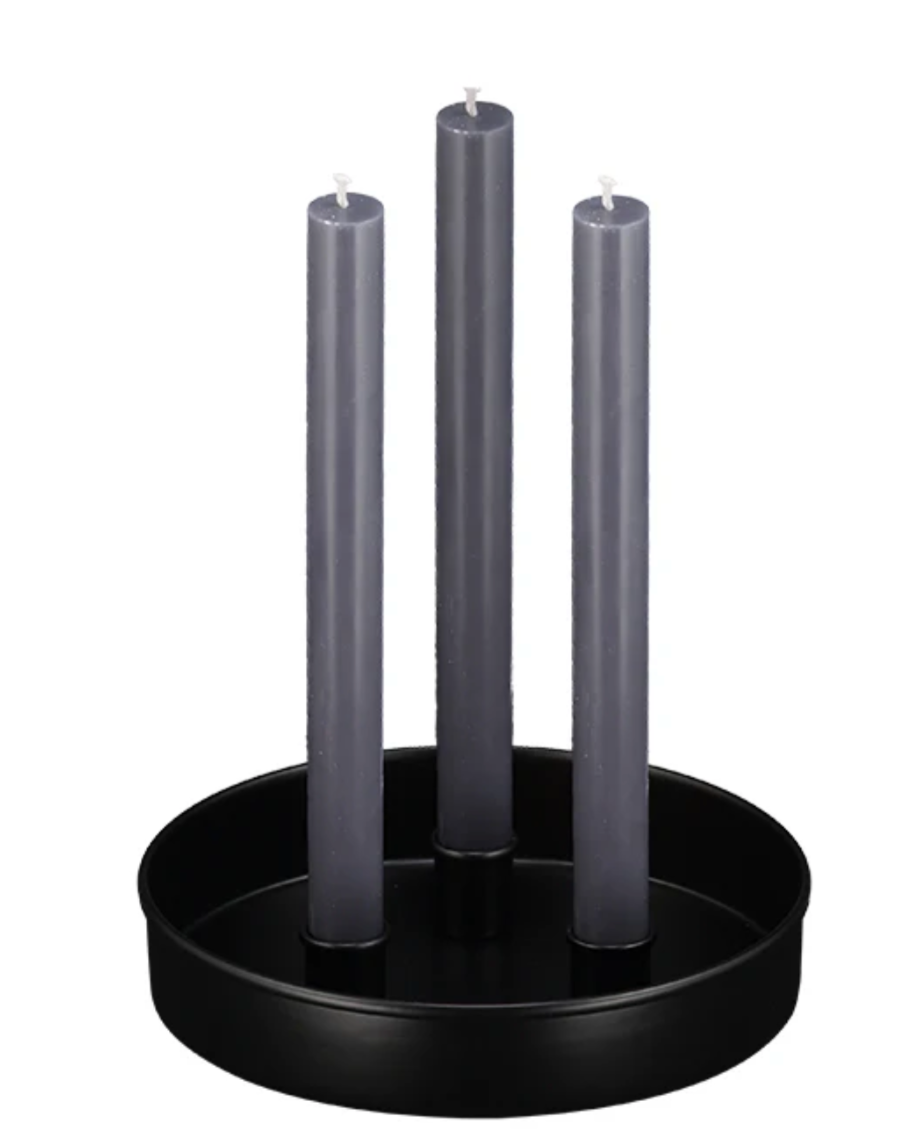  small metal candle platters in black or warm dust color, each with three cups for 22mm dinner or taper candles, perfect for elegant centerpieces.