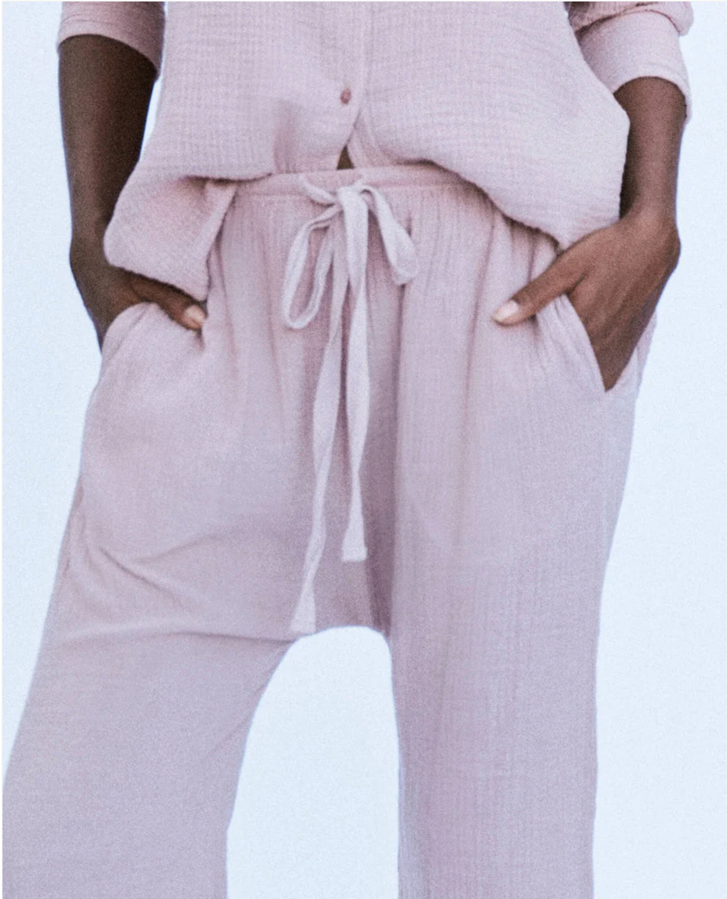 the great loose gauze pants in soft lilac pink.
