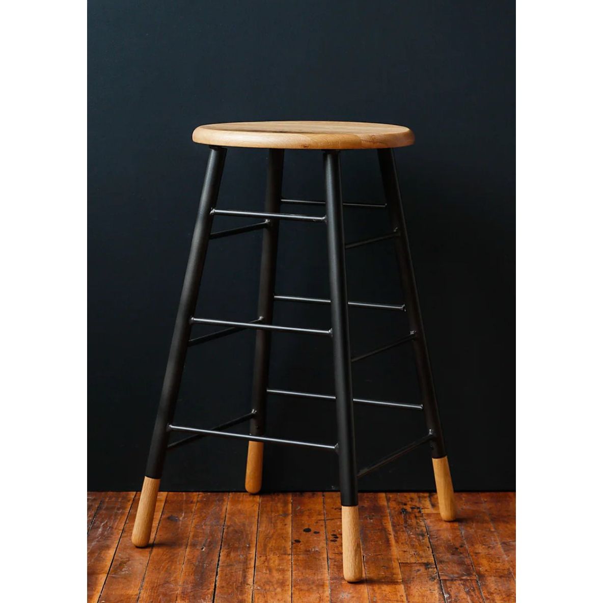 Traditional Oak and Steel Counter Stools with natural wood seat