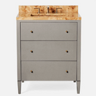 powder room vanity in gray green faux raffia with brass knobs and burlwood countertop.