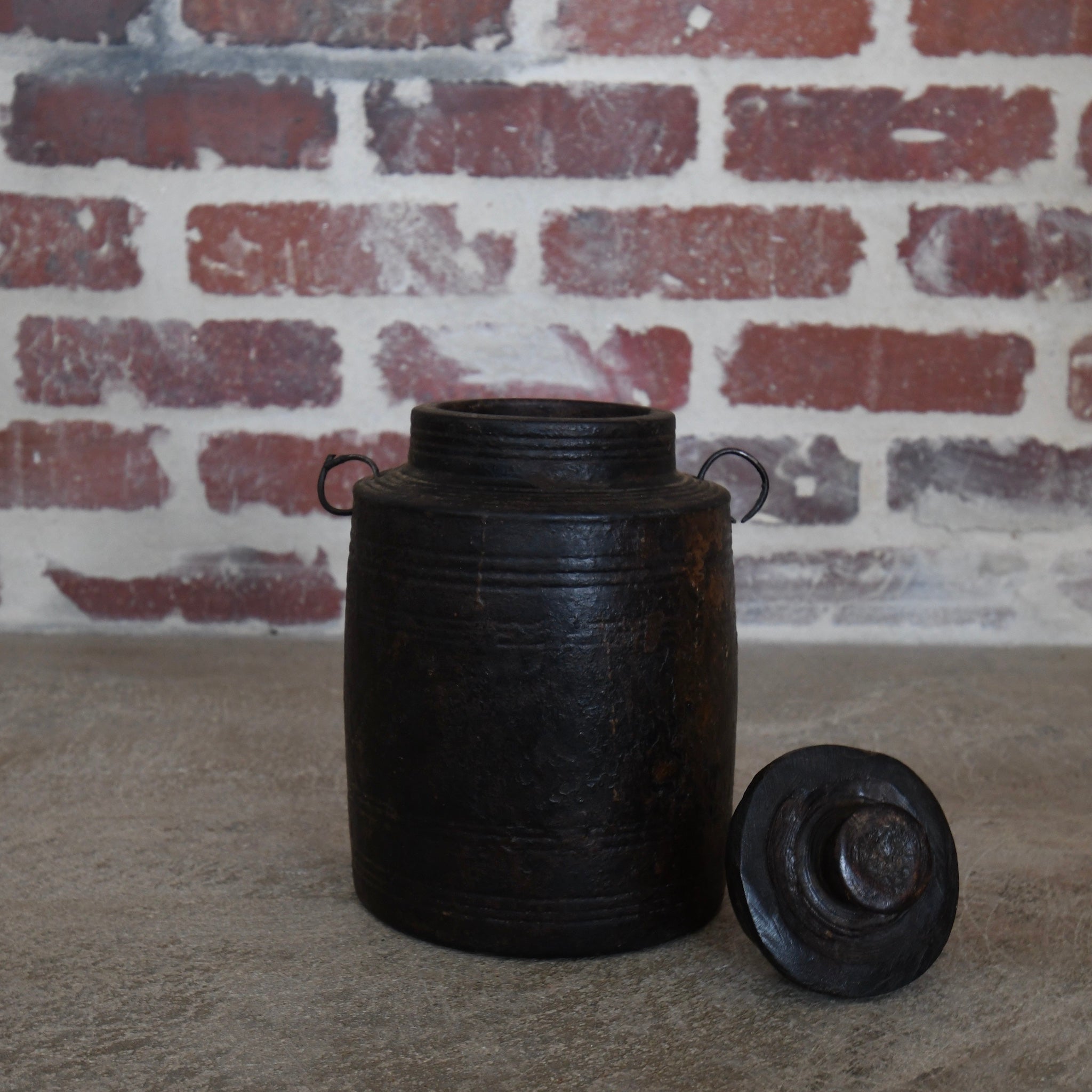vintage wood spice pot black with lid.