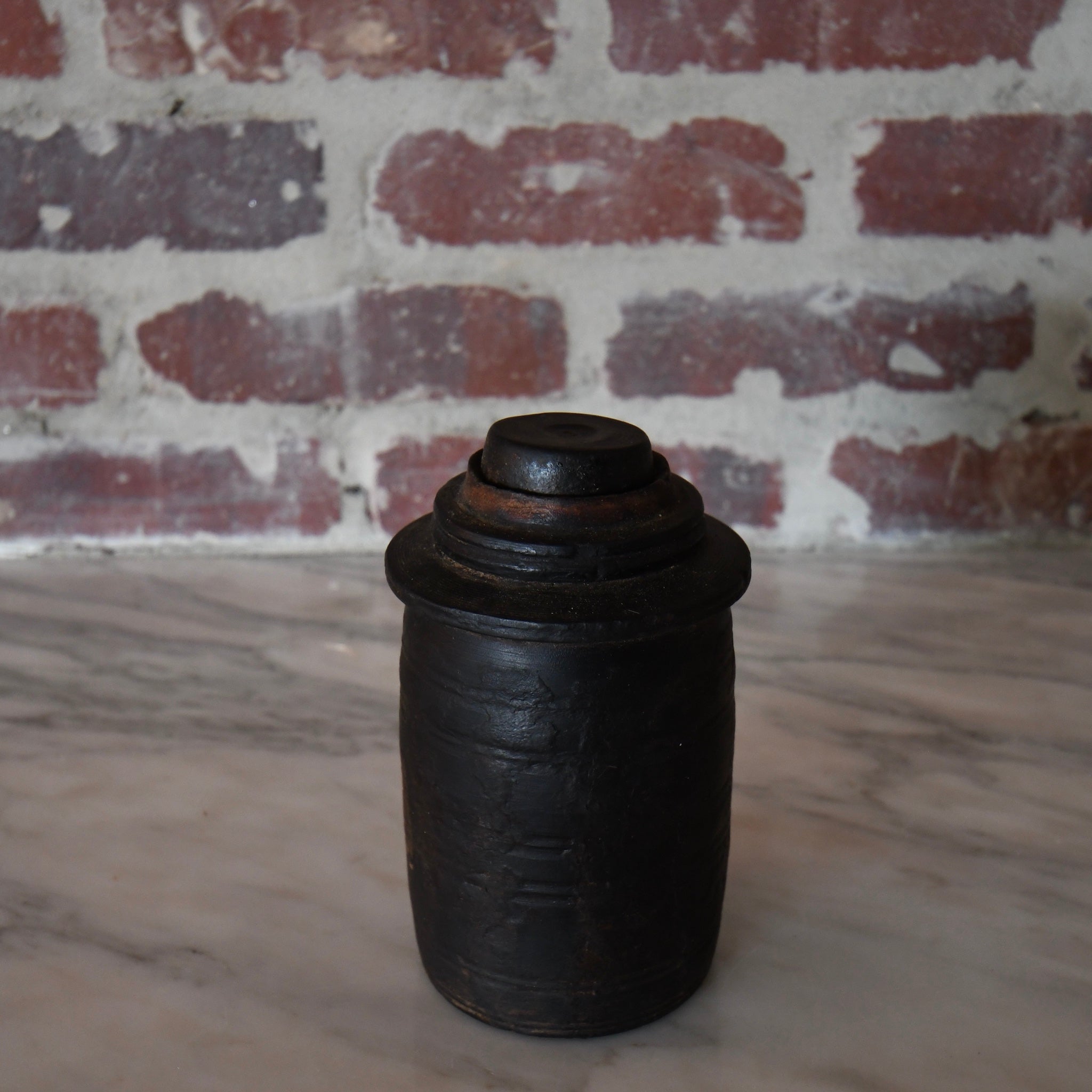 vintage wood spice pot black with lid.