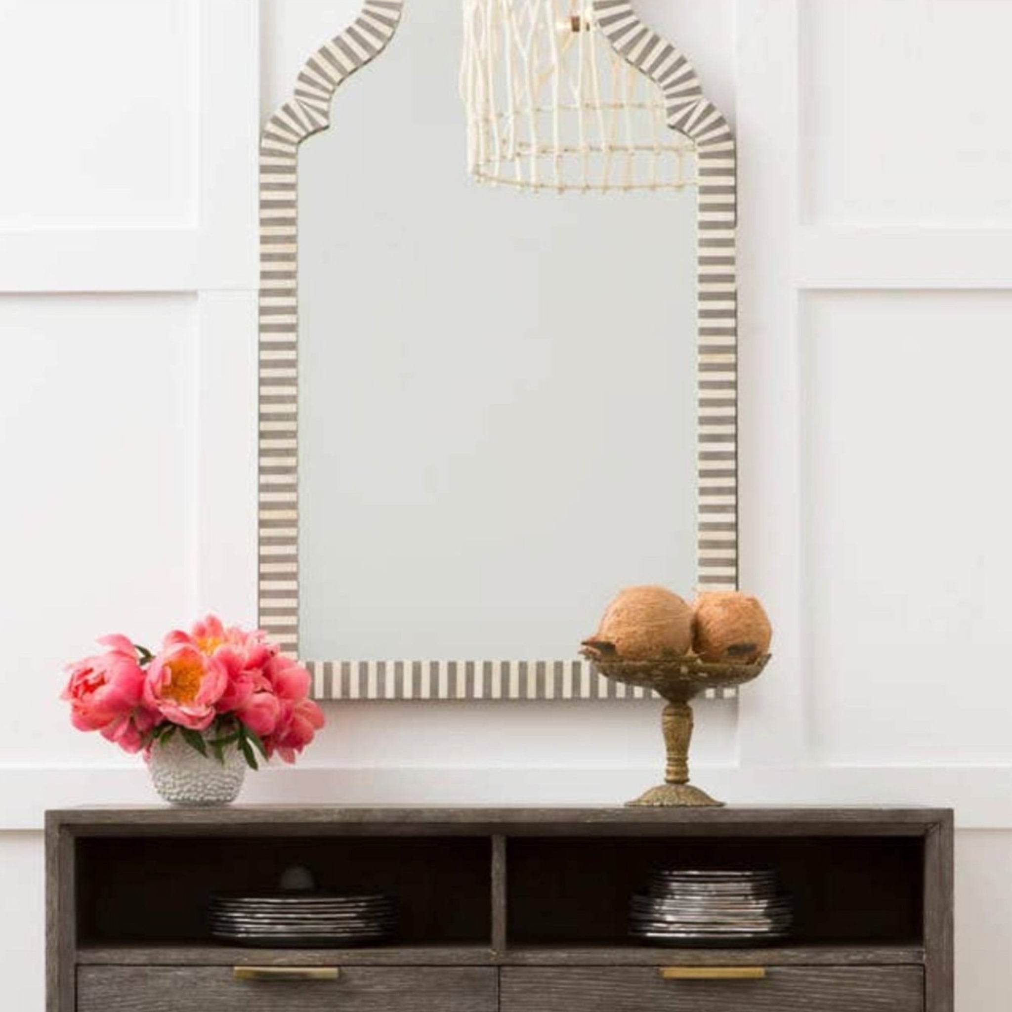 Petite White Bone/Gray Resin Mirror – Minimalist sophistication for any space.