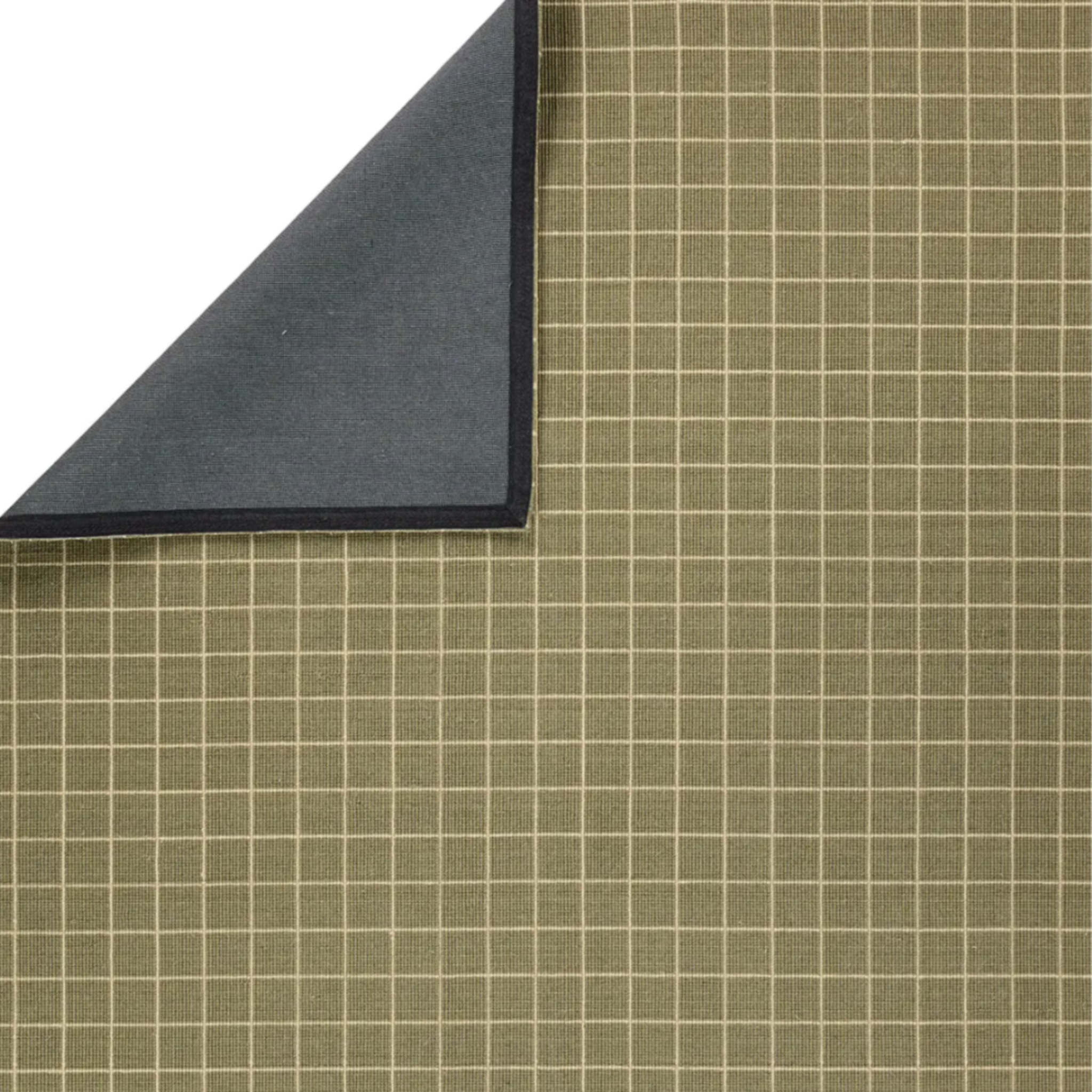windowpane check rug in olive green.