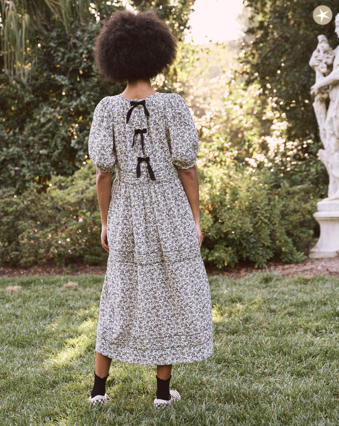 The Great Songbird Dress in Black and White Floral Print with Bows - Shoppe Details and Design