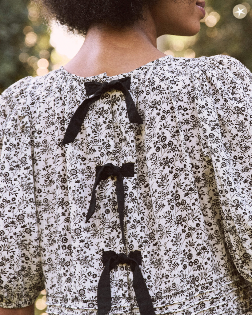 The Great Songbird Dress in Black and White Floral Print with Bows