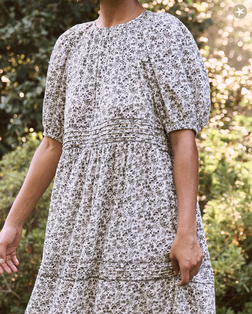 The Great Songbird Dress in Black and White Floral Print with Bows