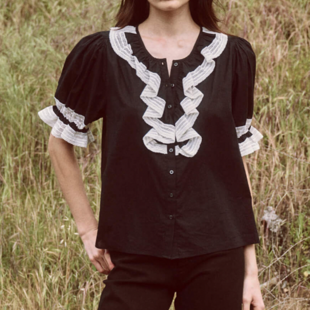 The Great Short Sleeve Ruffle Bishop Top in Black and Creamy White