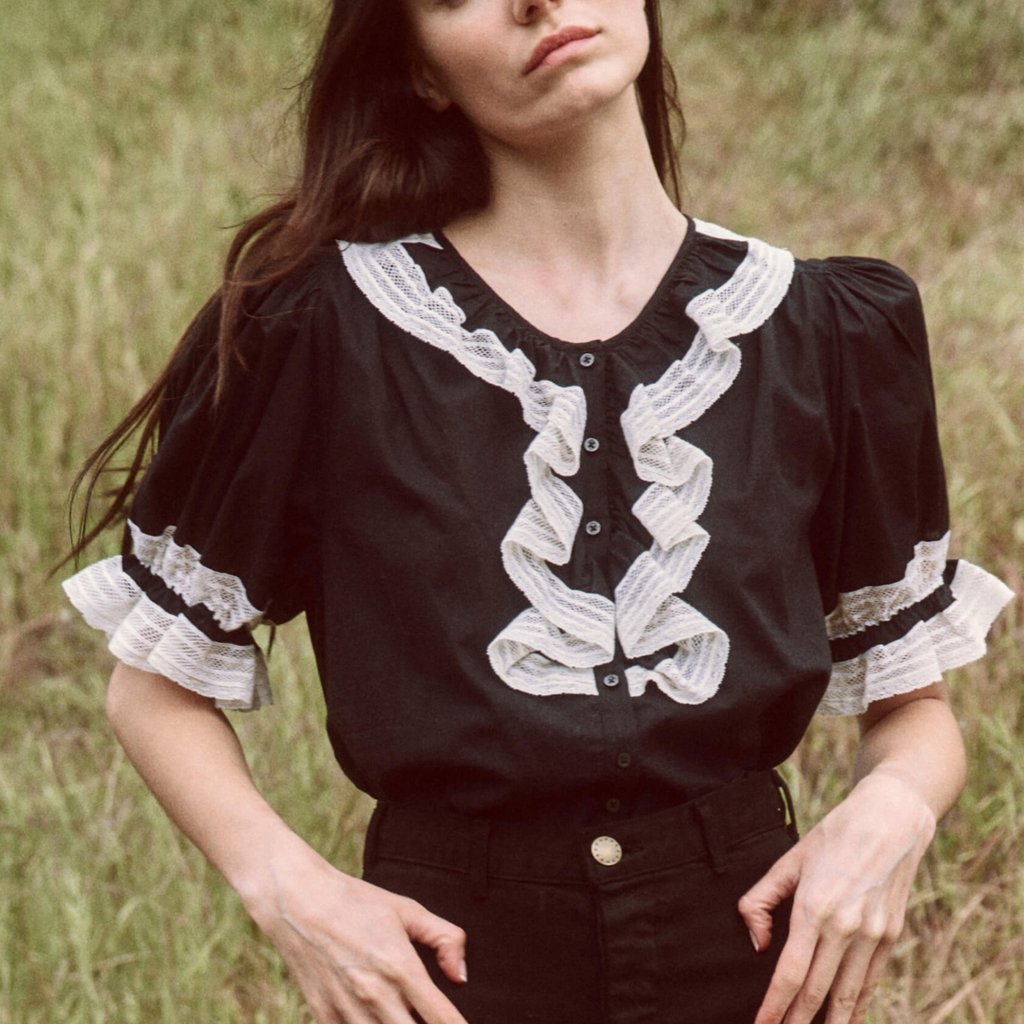 The Great Short Sleeve Ruffle Bishop Top in Black and Creamy White