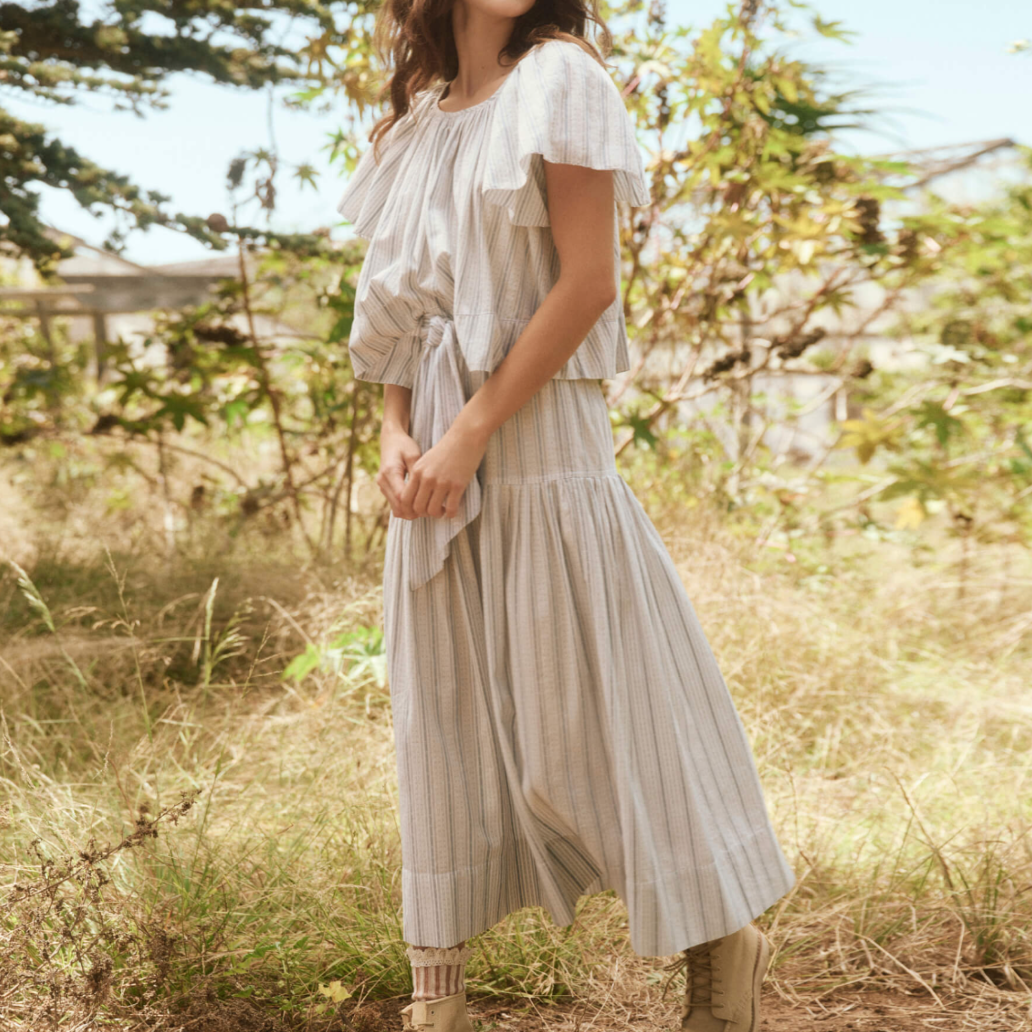 The Great 100 % Cotton Highland Skirt in Saltwater Stripe Blue and White - Shoppe Details and Design