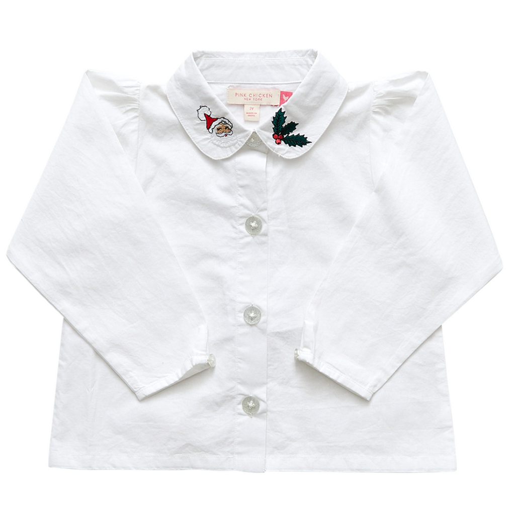 Pink Chicken Girls Collar Shirt - Holiday Embroidery