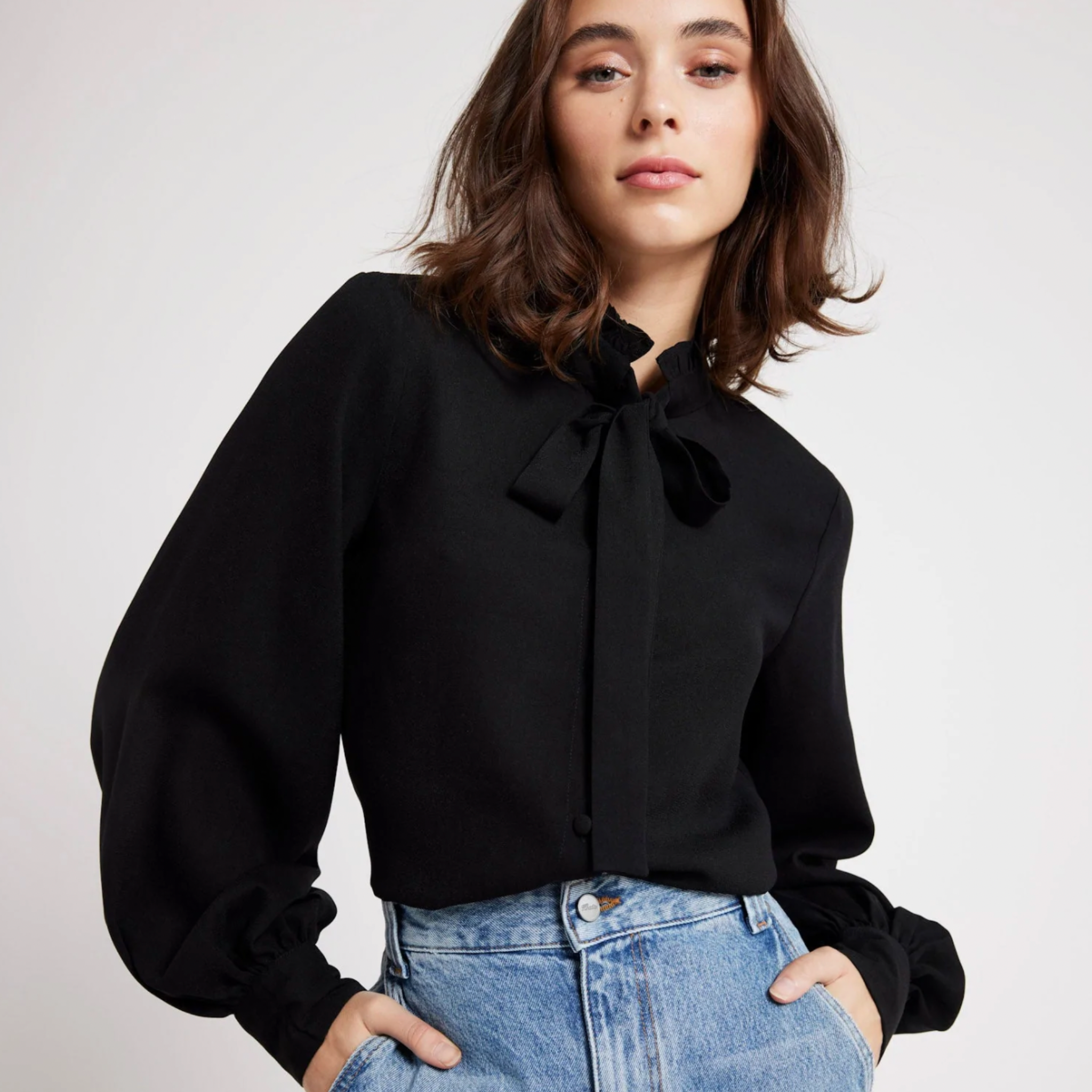 Mille Blair Top in Black Georgette with Bow - Shoppe Details and Design