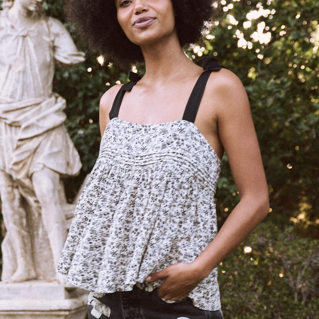 The Great Songbird Cami in Black and White Floral Print with Bows