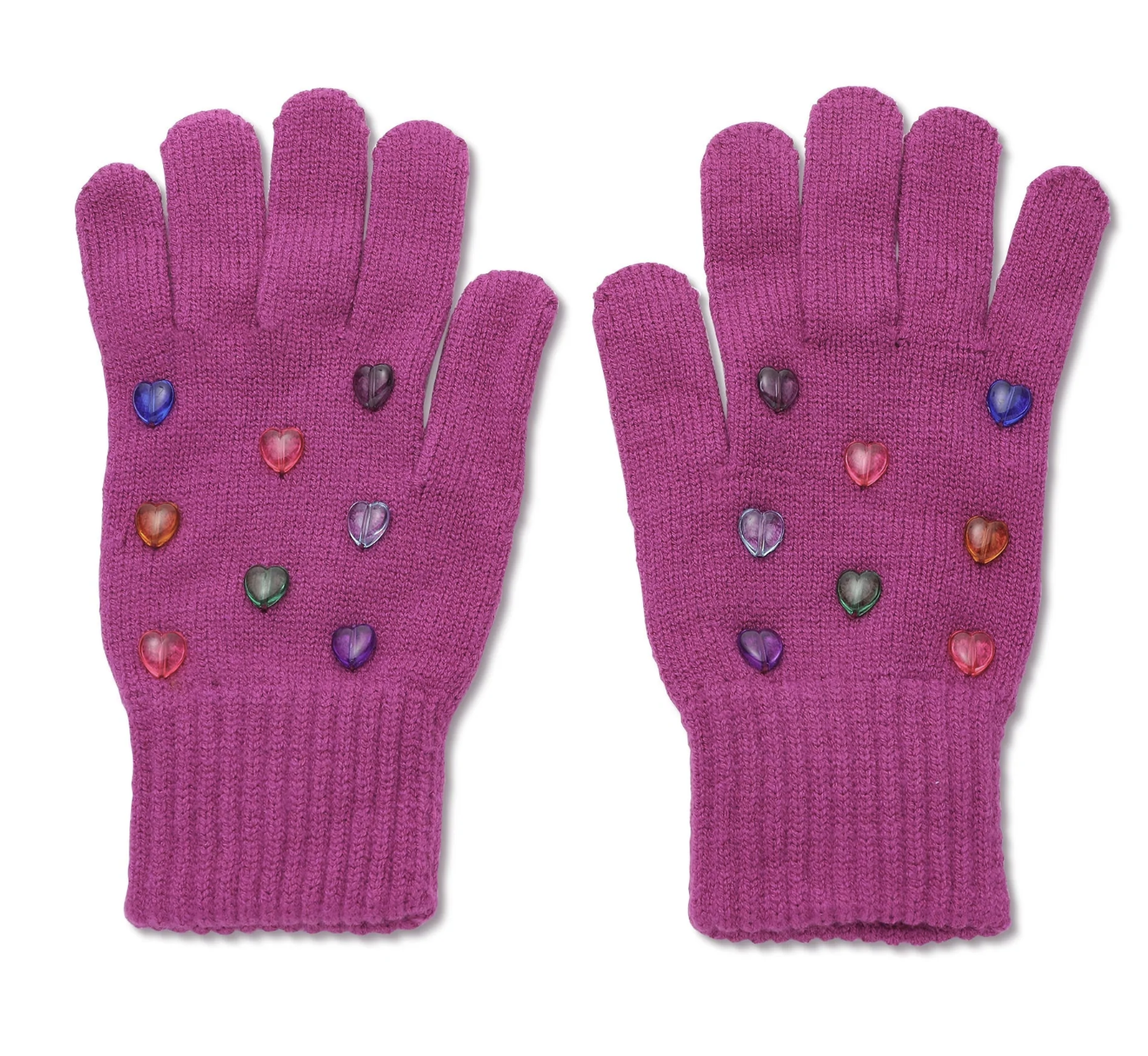 magenta heart rainbow bead embellished gloves.