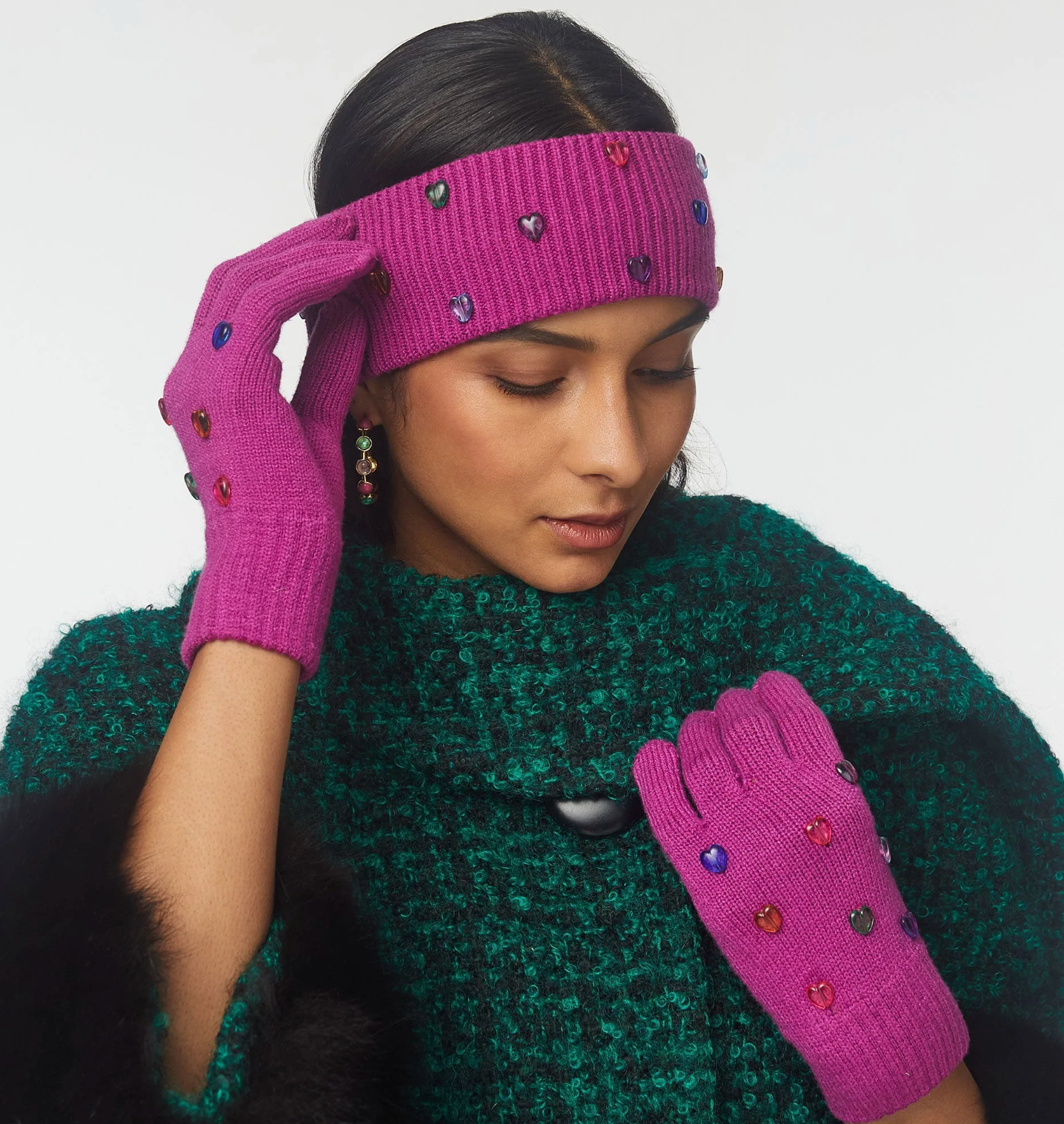 magenta heart rainbow headband and jelly ear warmer.