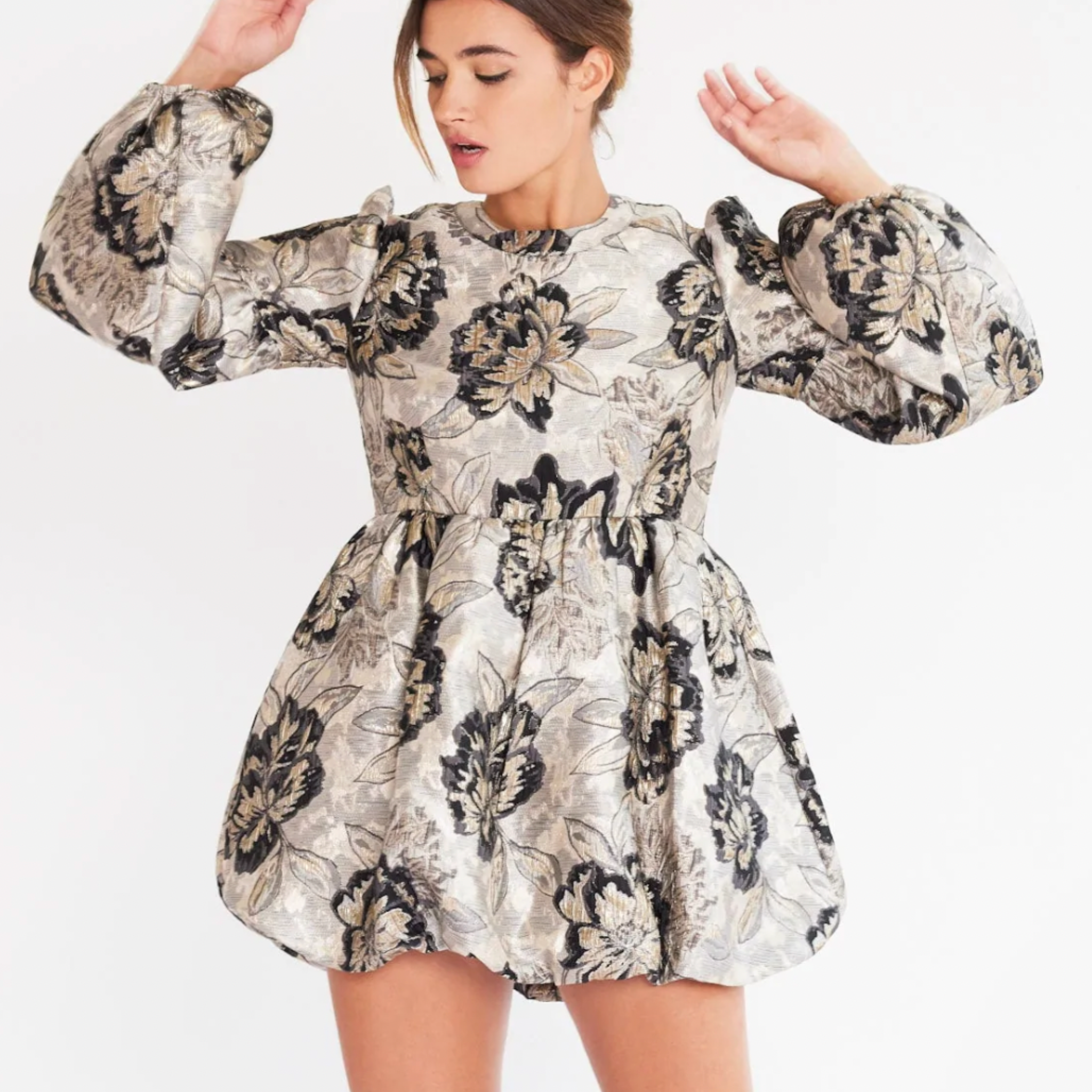 mille metallic giselle dress in silver and black brocade. 