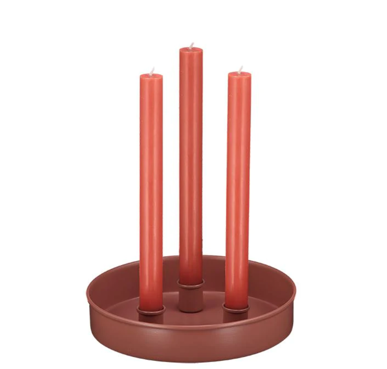  small metal candle platters in black or warm dust color, each with three cups for 22mm dinner or taper candles, perfect for elegant centerpieces.