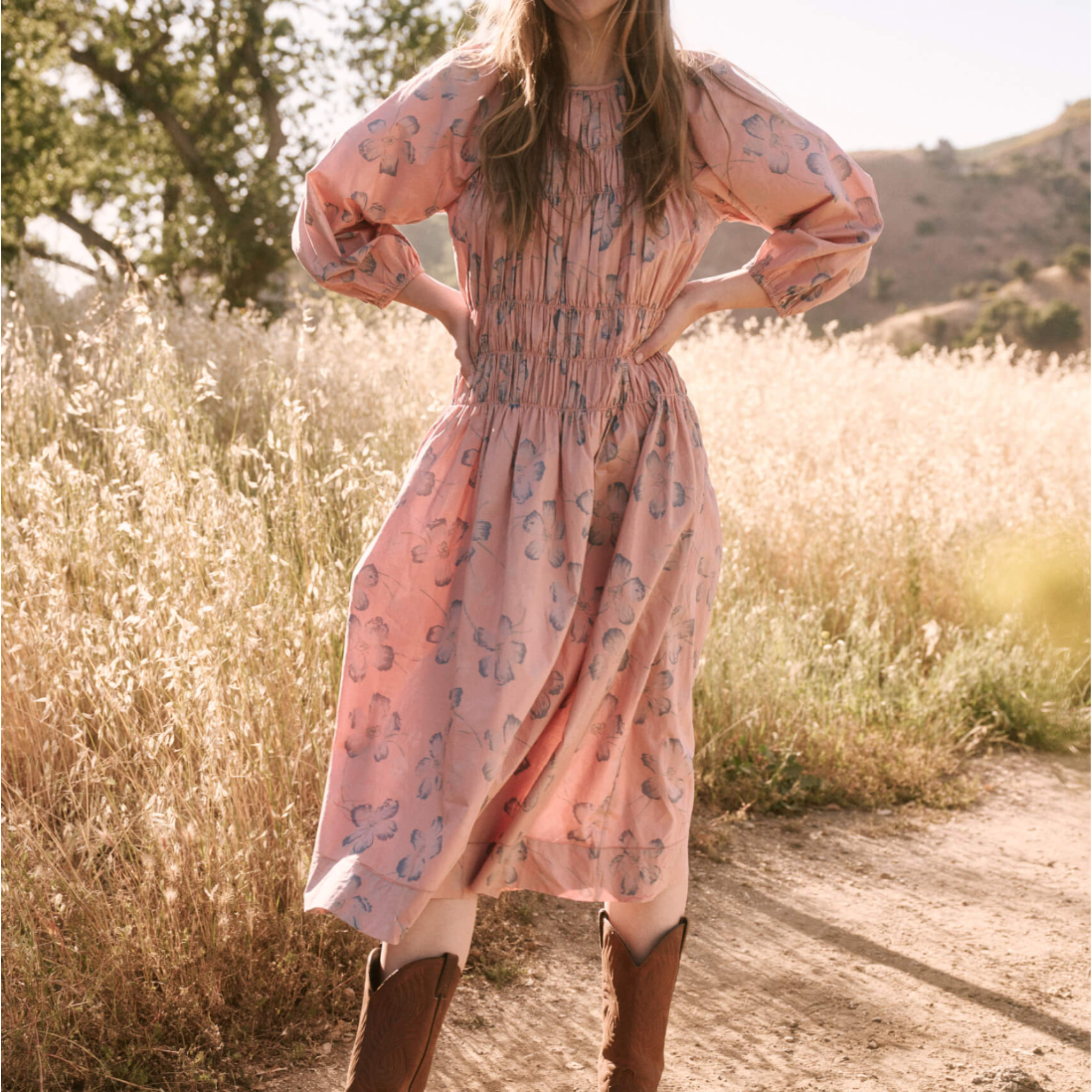 The Great Pink and Blue Cobblestone Dress in Vintage Petal Floral Print - Shoppe Details and Design.