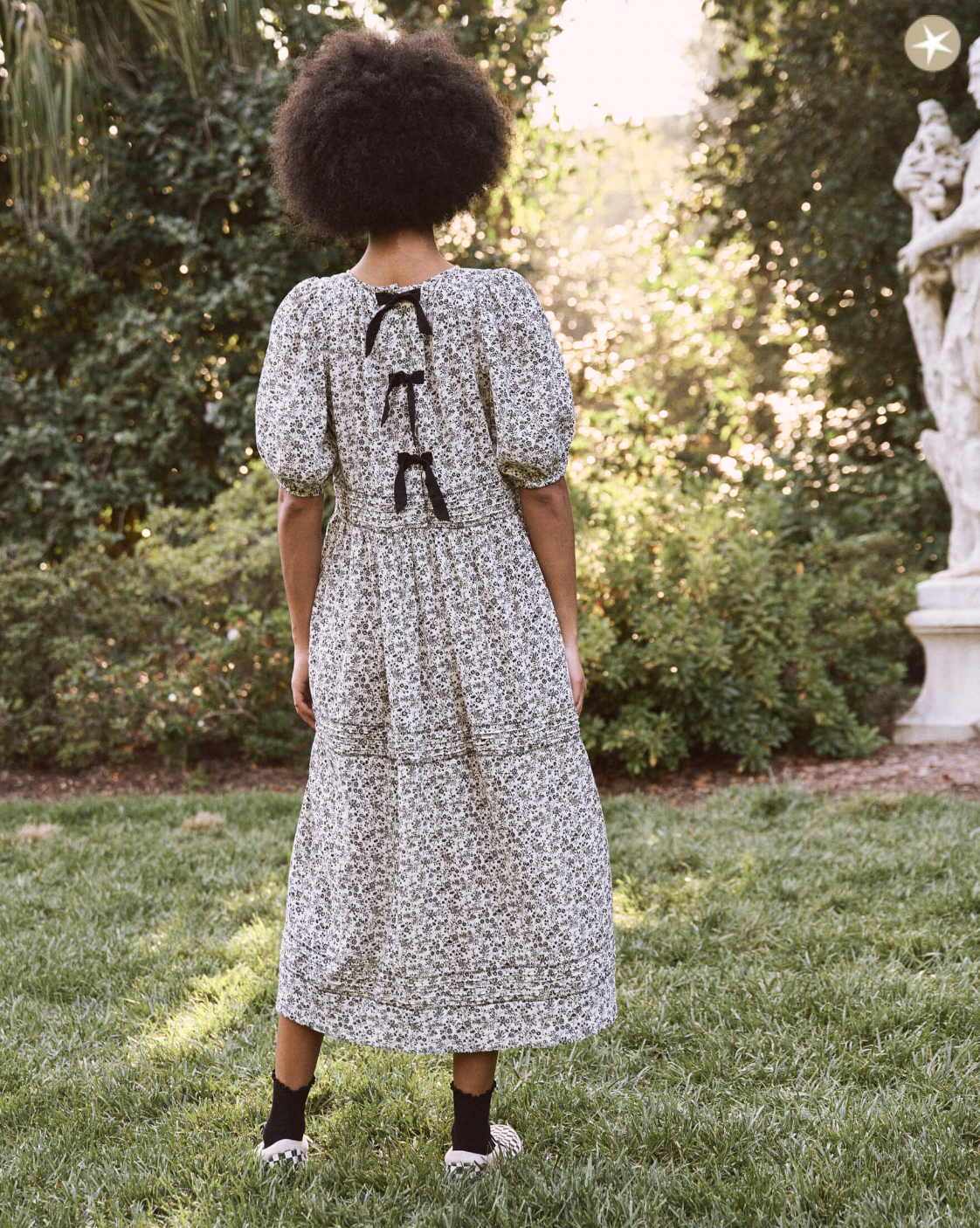 The Great Songbird Dress in Black and White Floral Print with Bows - Shoppe Details and Design.